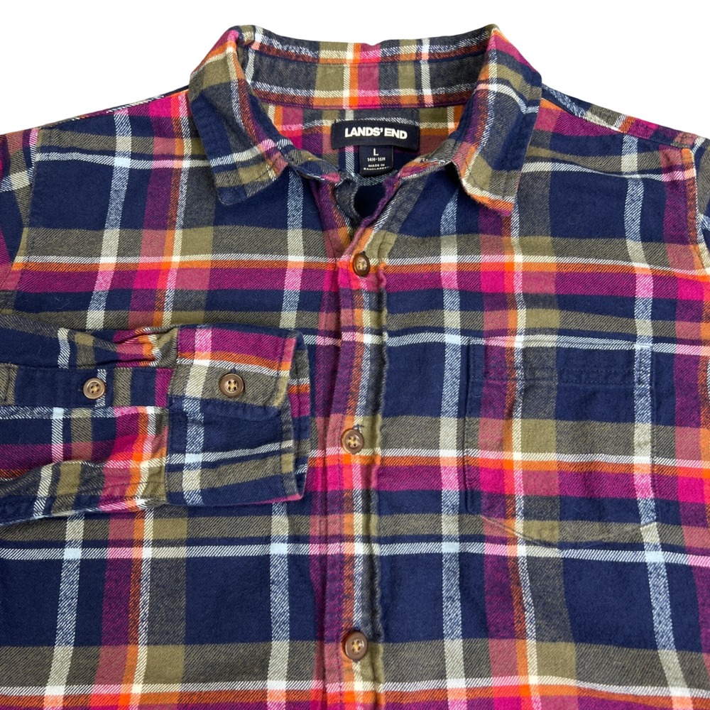Lands End Flannel Shirt Boys Large 14-16 Husky Navy Plaid Button Down